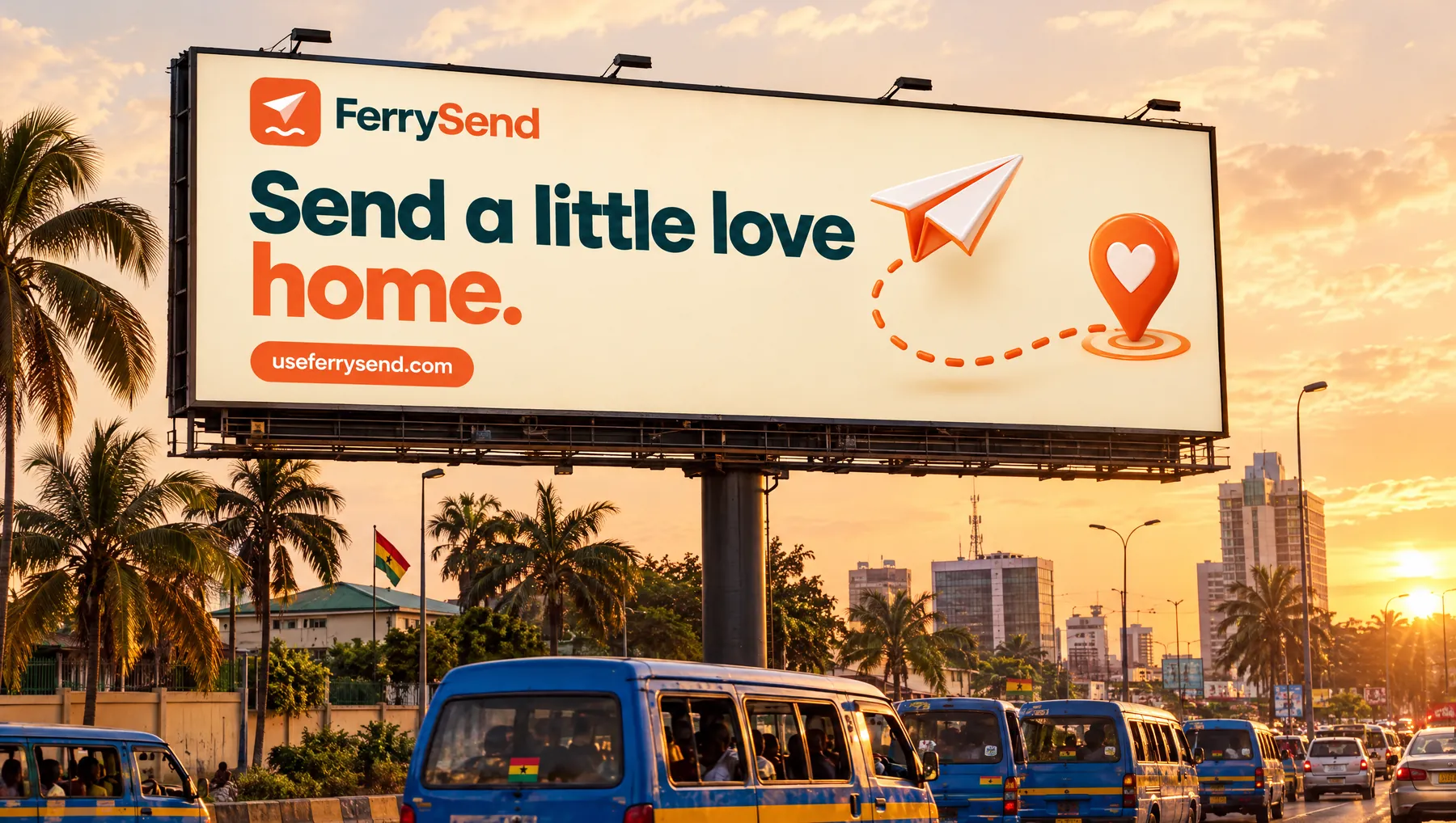 A FerrySend billboard over a busy street in Accra