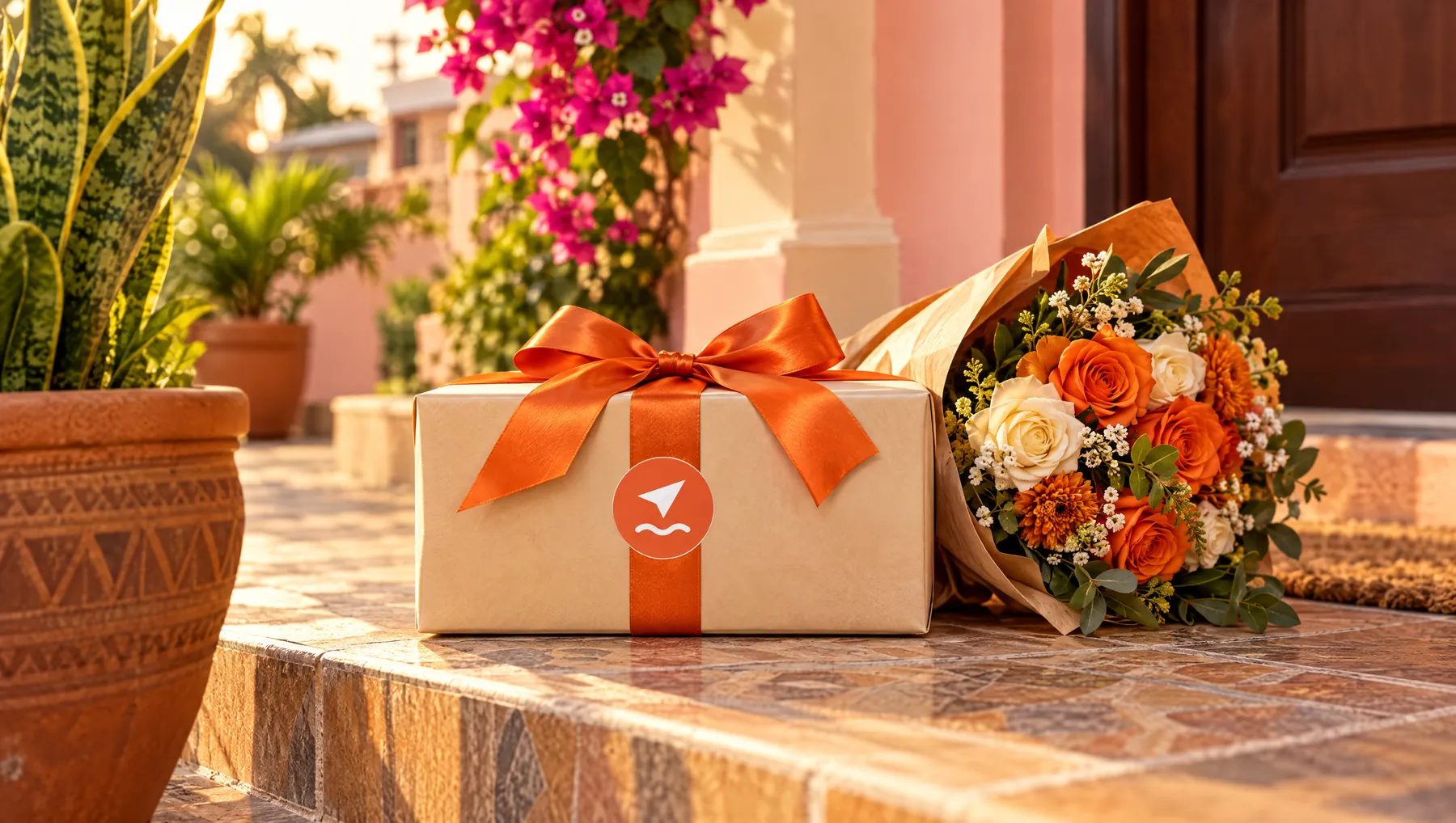A gift box with an orange ribbon and flowers on a doorstep in Accra