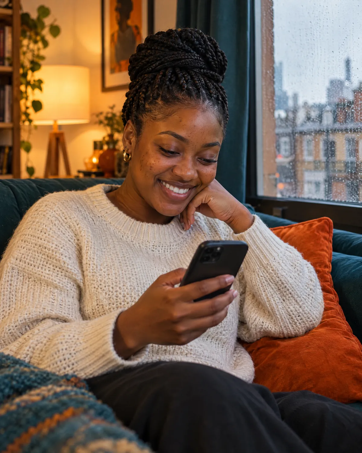 A young woman in a London flat smiling at her phone